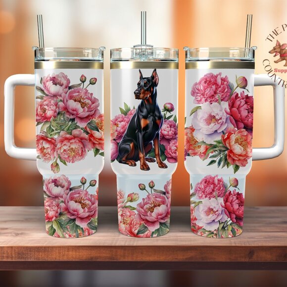Hand Crafted Other - Doberman & Peony Flowers 40 oz. Thirst Quencher Insulated Tumbler